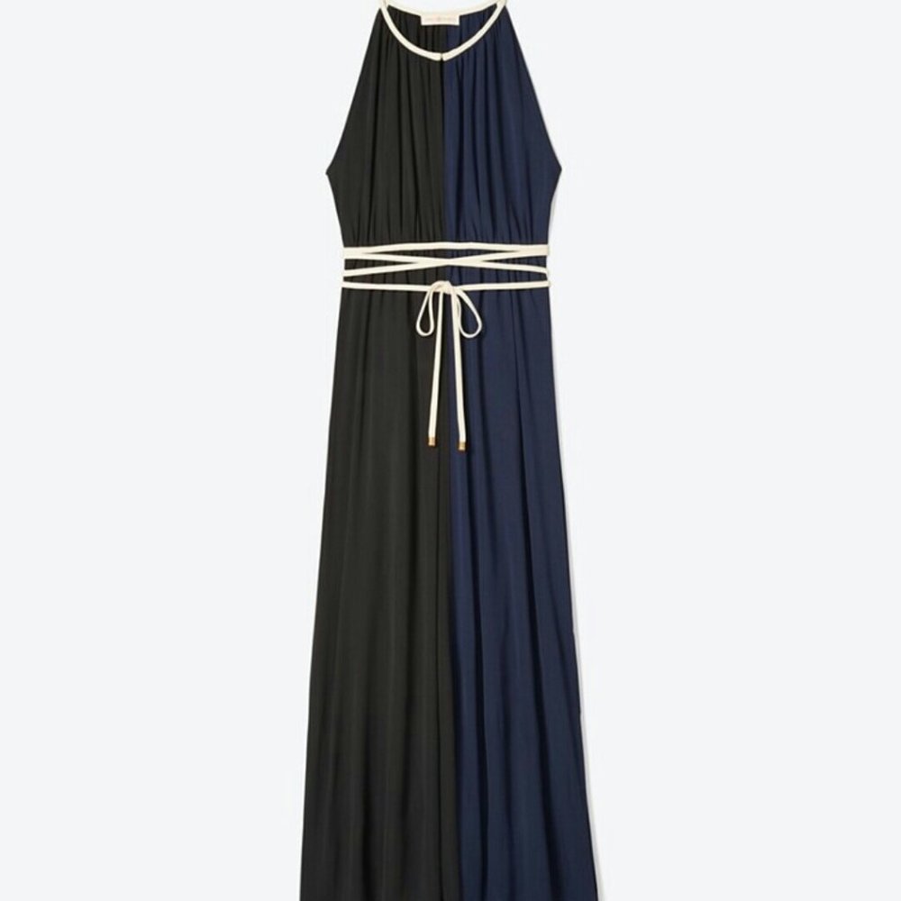 New Tory Burch Colorblock Tie Waist Maxi Dress Medium